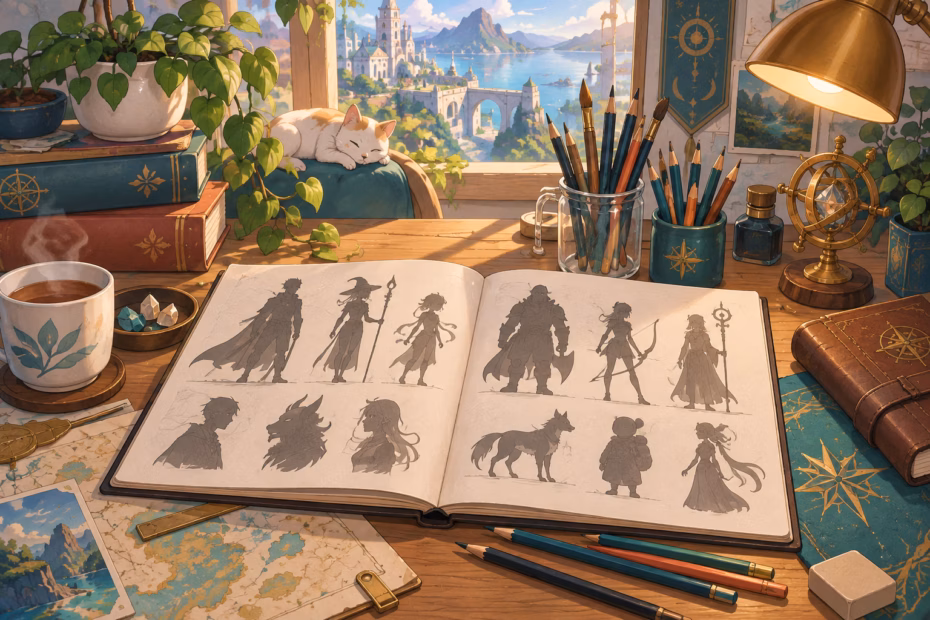 Original character research desk with an illustrated sketchbook of fictional figures