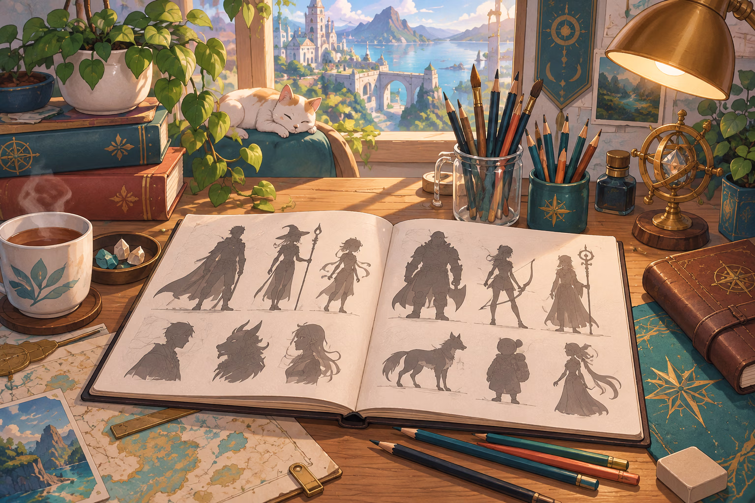Original character research desk with an illustrated sketchbook of fictional figures