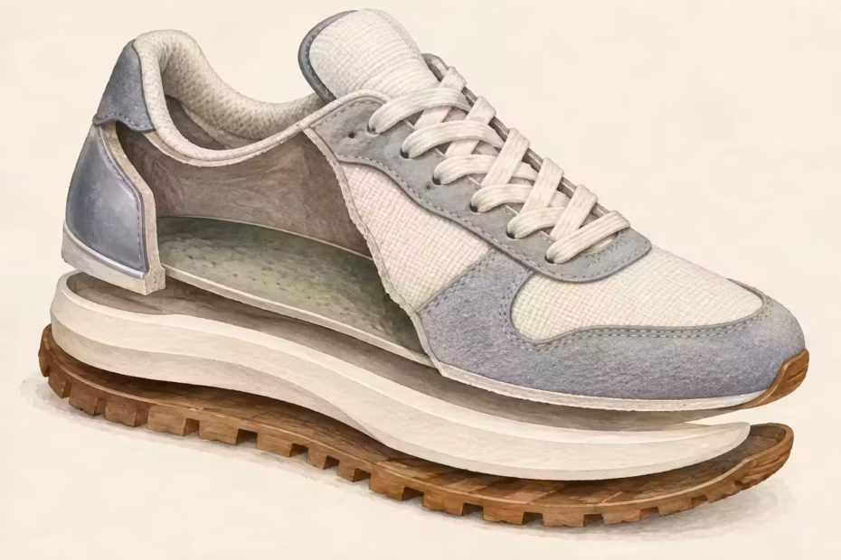 Unbranded sneaker shown in profile to highlight its upper, laces, sole, and heel