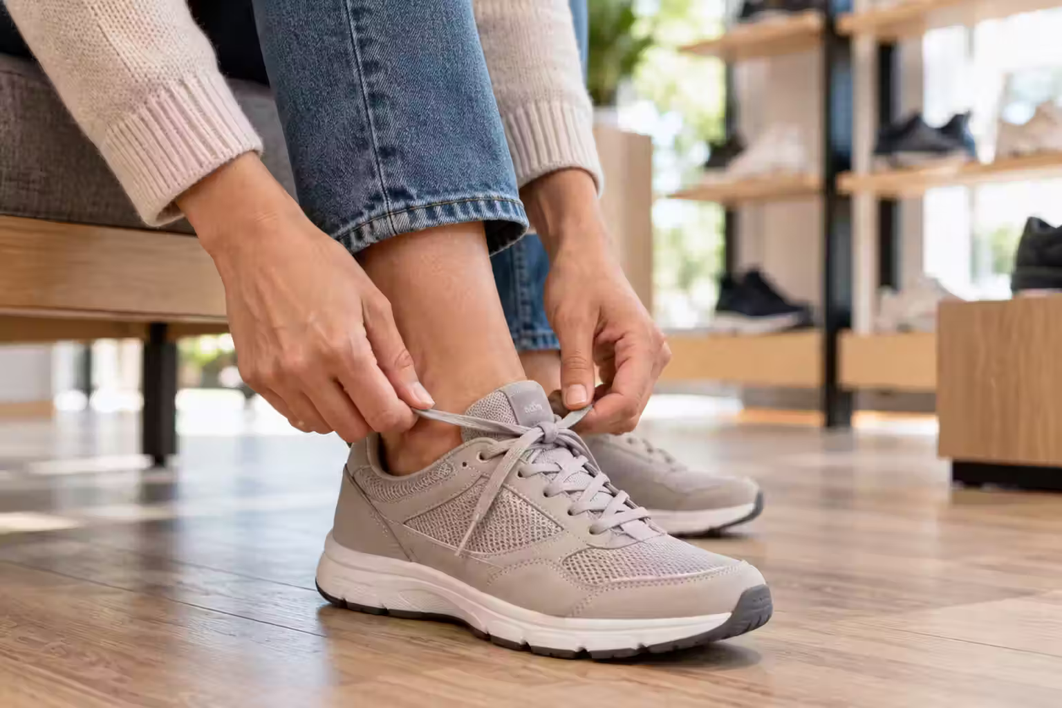 Person adjusting the laces of an unbranded walking shoe to check its fit