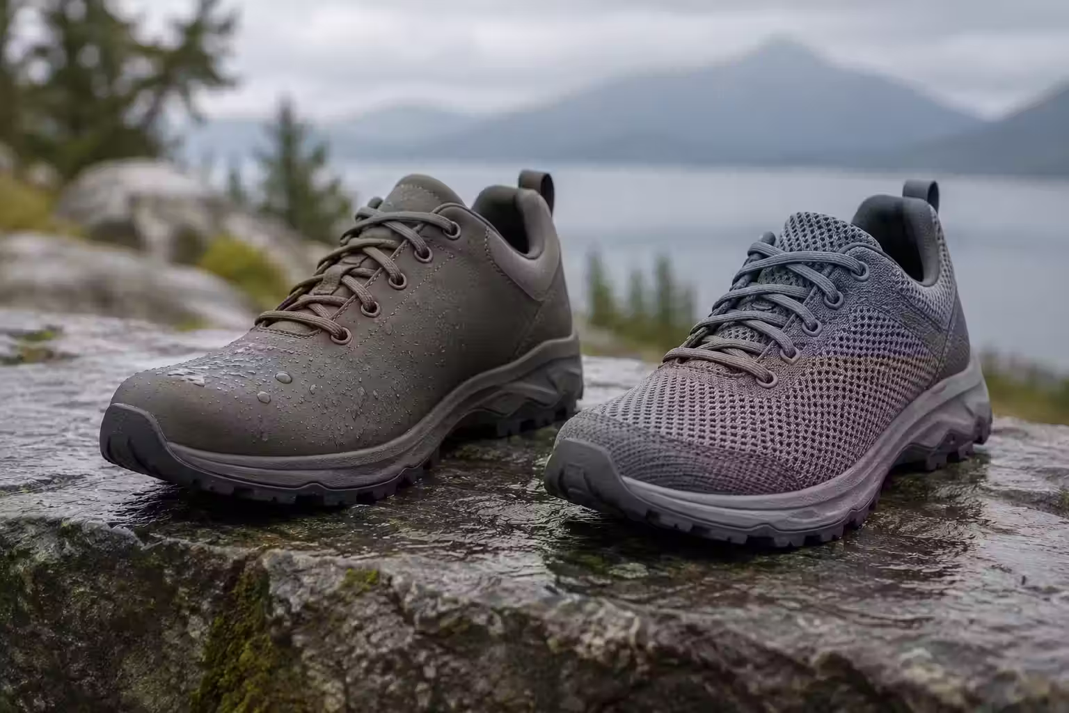 Two dark unbranded trail shoes with textured mesh uppers set outdoors
