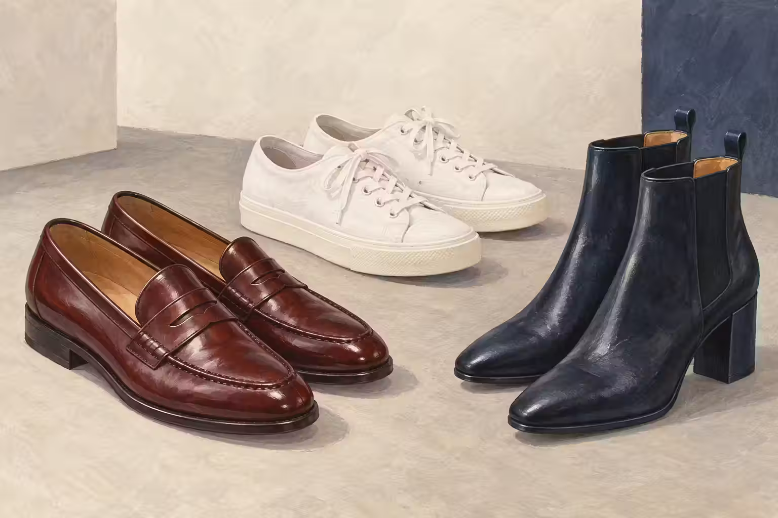 Three unbranded shoes—a canvas sneaker, leather loafer, and ankle boot—showing different styles