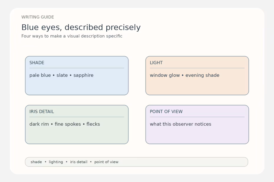 Four cards present descriptive lenses for blue eyes: shade, lighting, iris detail, and observer point of view.