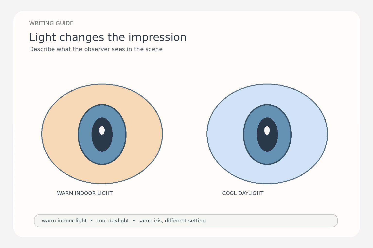 Two blue irises are shown under warm indoor light and cool daylight to represent different visual impressions.