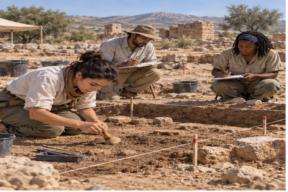 Archaeologists document a carefully measured excavation area at a historic site.