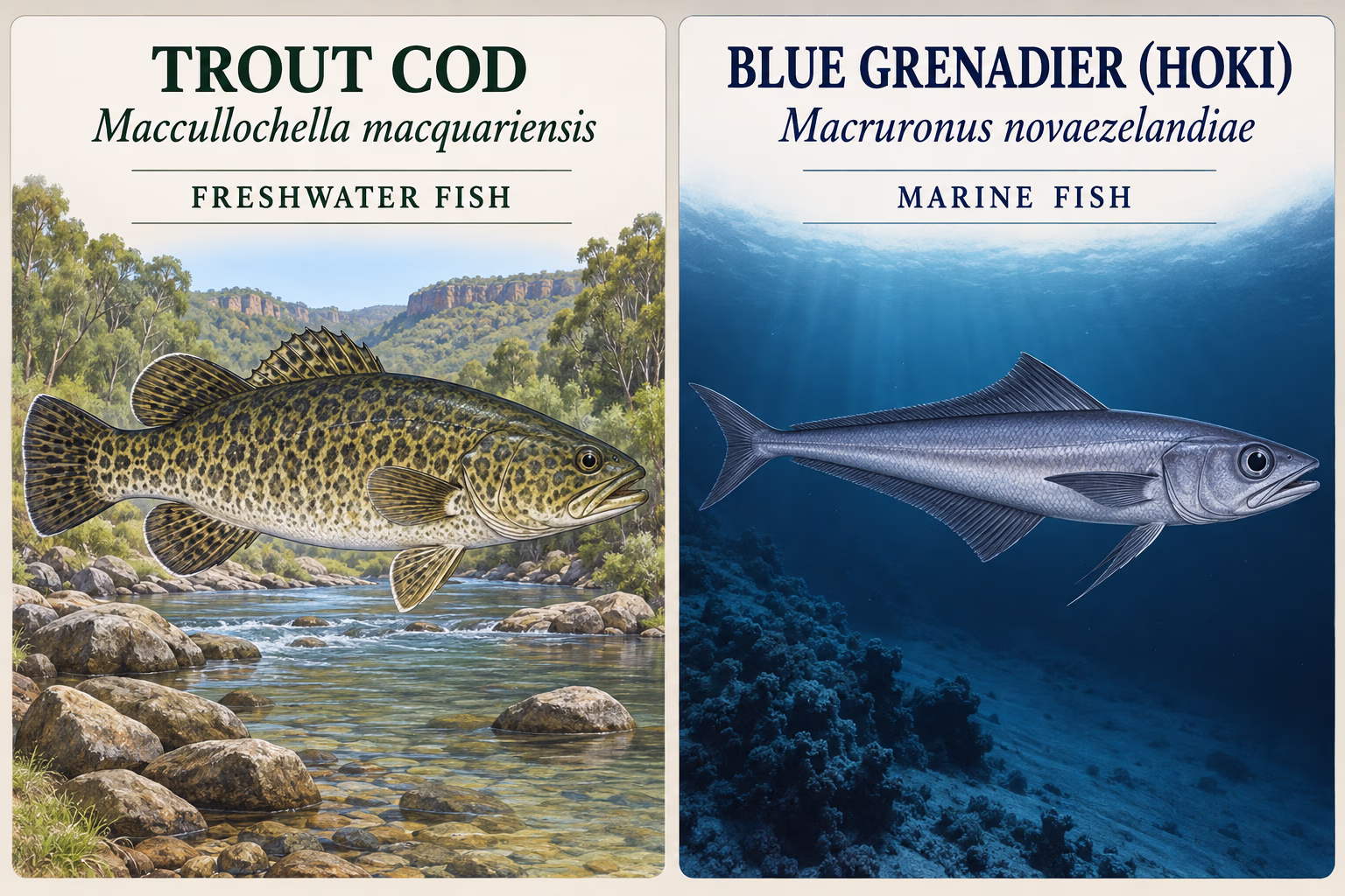 A comparison identifies trout cod as Maccullochella macquariensis and blue grenadier (hoki) as Macruronus novaezelandiae.