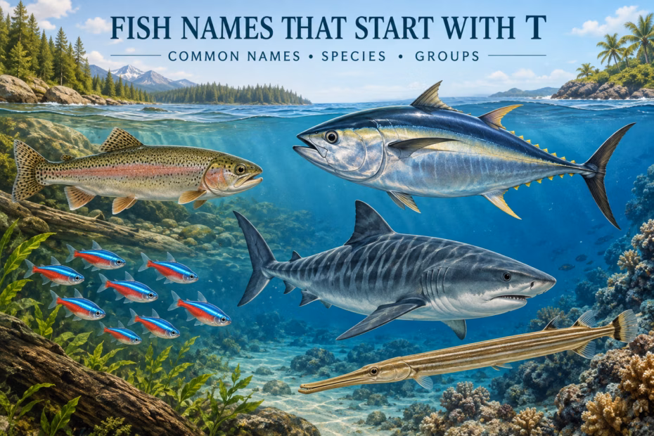 Illustrated trout, tuna, tetras, a tiger shark, and a long-snouted trumpetfish under “Fish Names That Start With T: Common Names, Species, Groups.”