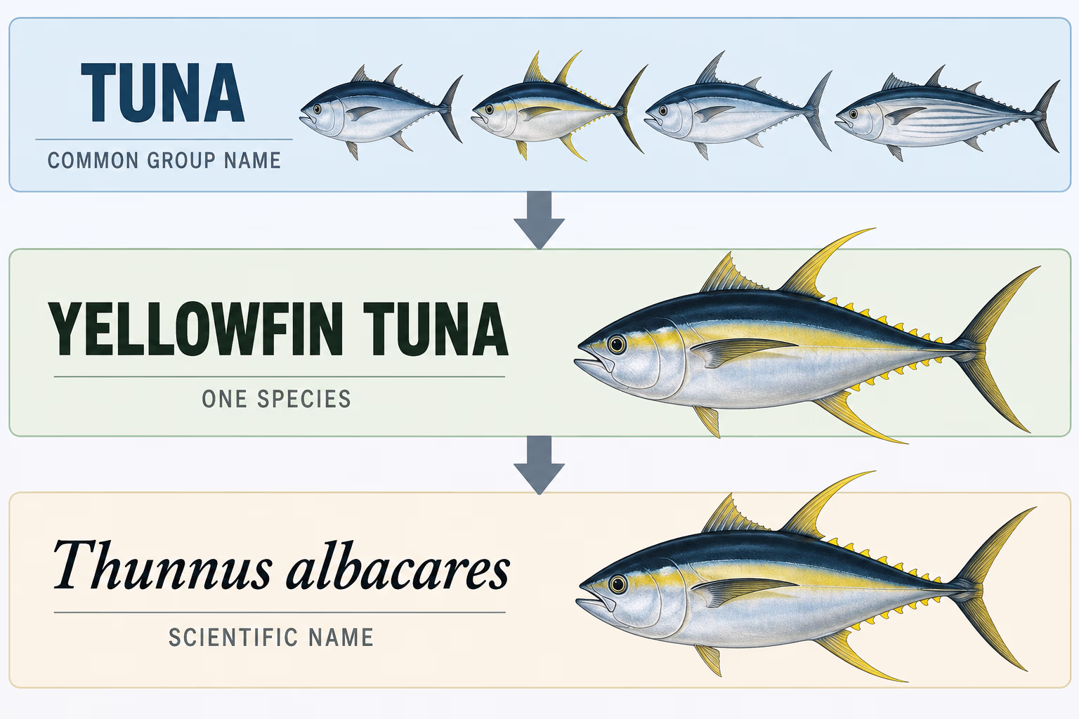 A diagram distinguishes tuna as a common group name, yellowfin tuna as one species, and Thunnus albacares as its scientific name.