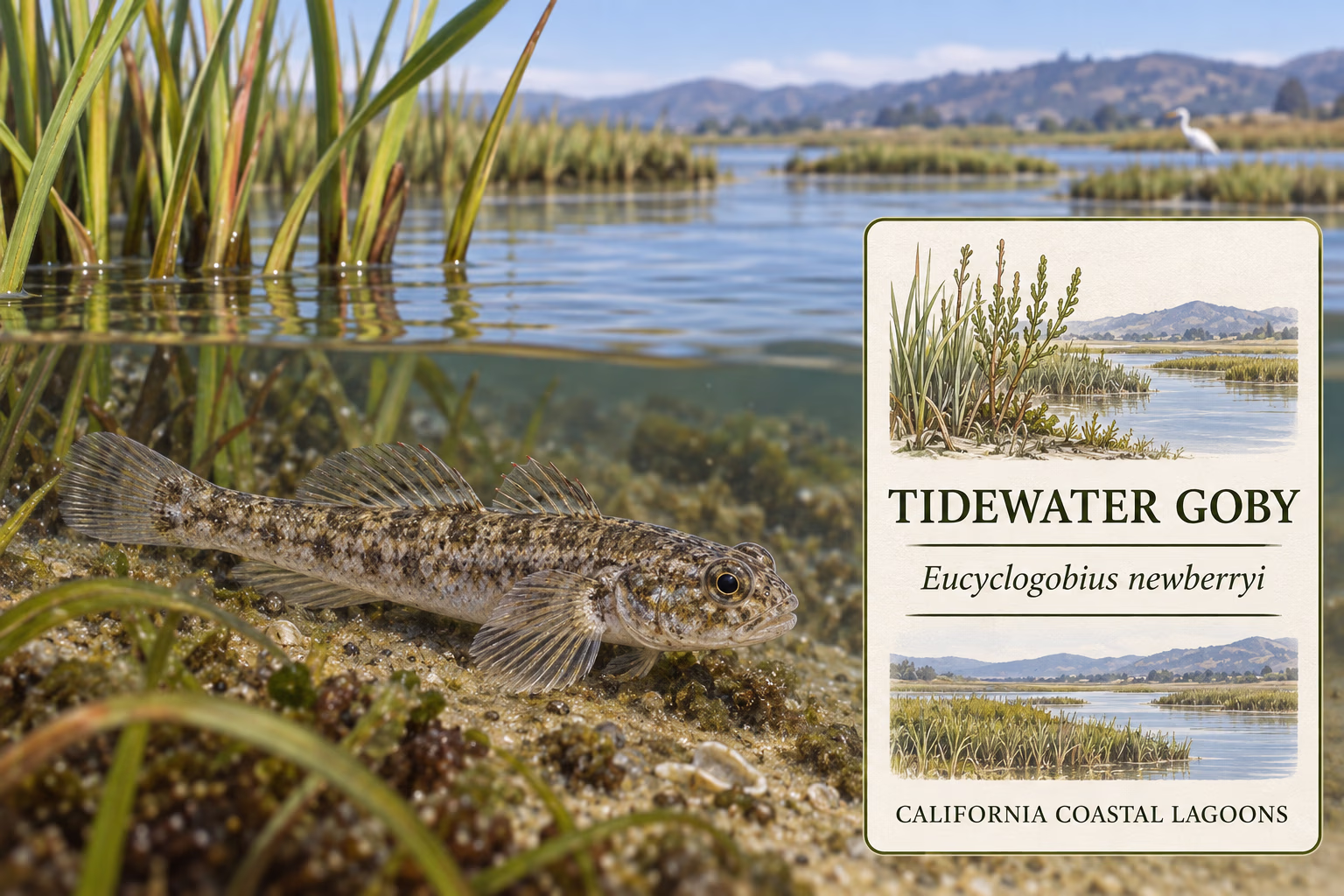 A small goby is shown in a California coastal lagoon beside the name Eucyclogobius newberryi.