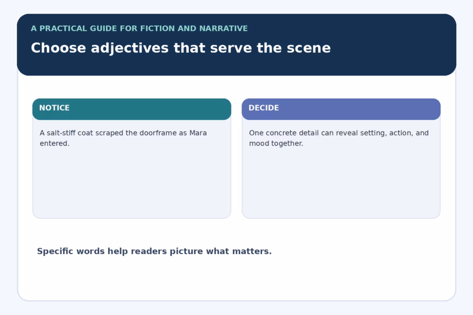 Graphic encouraging writers to choose adjectives that serve a story scene
