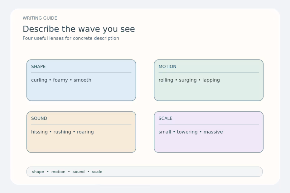 Four cards group wave adjectives by shape, motion, sound, and scale.