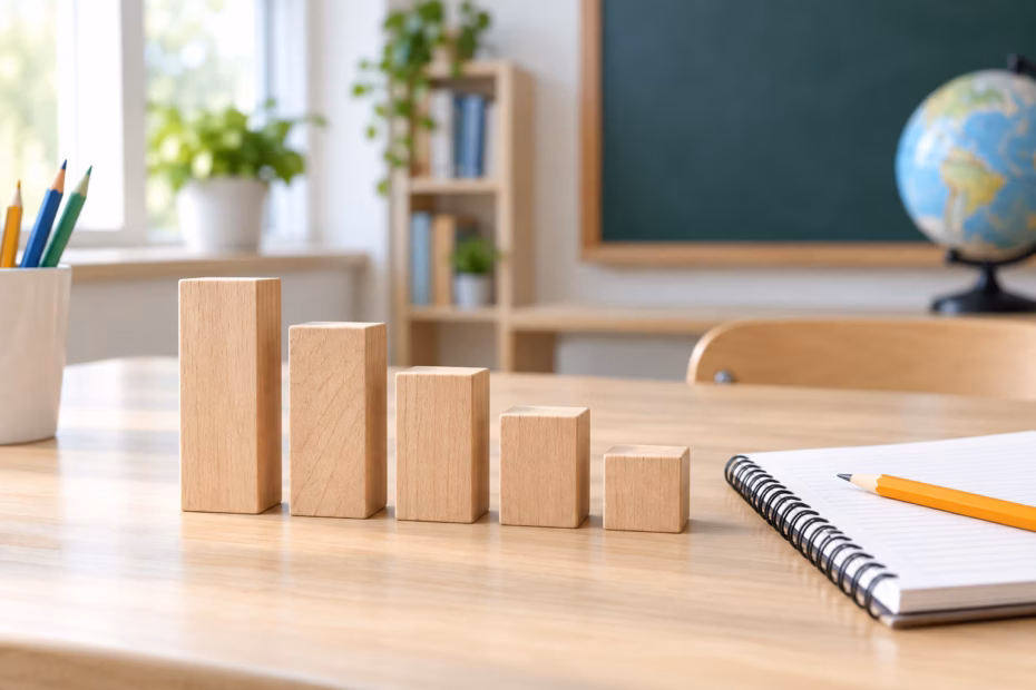 Wooden blocks arranged in a descending row on a classroom desk