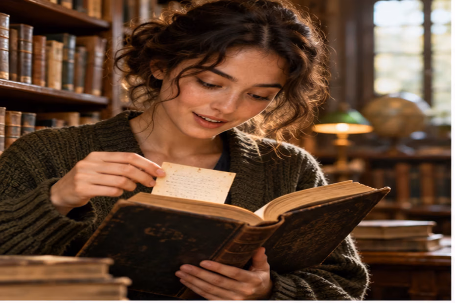 A reader finds an unexpected useful note inside an old book in a library.