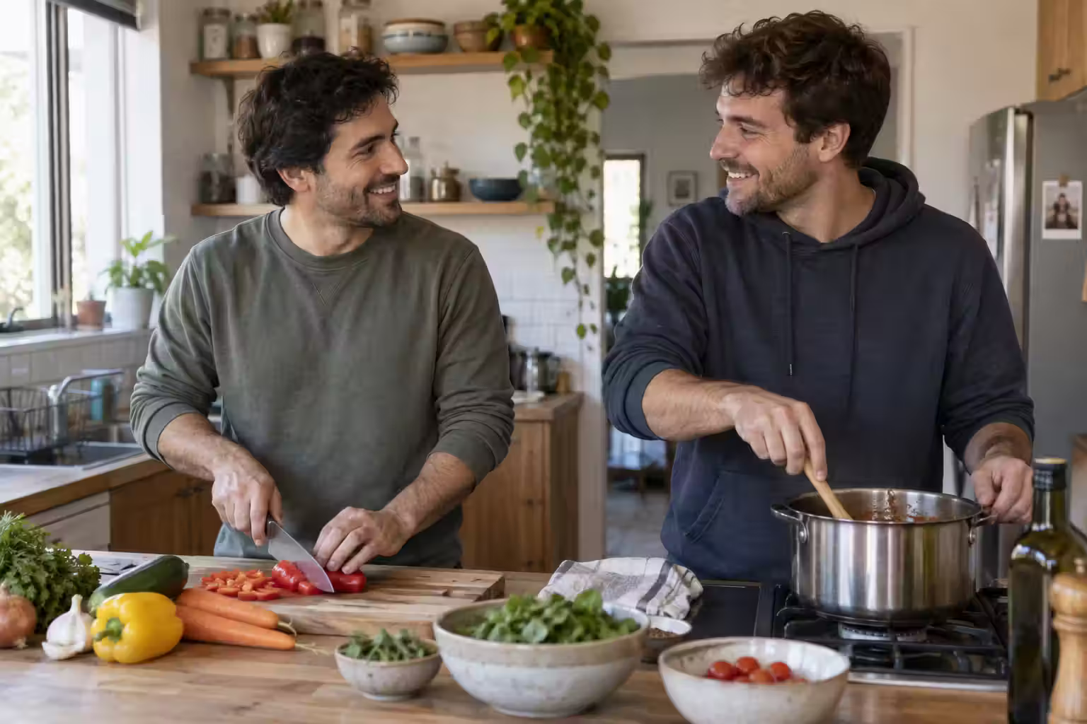 Two brothers preparing a meal together in a home kitchen
