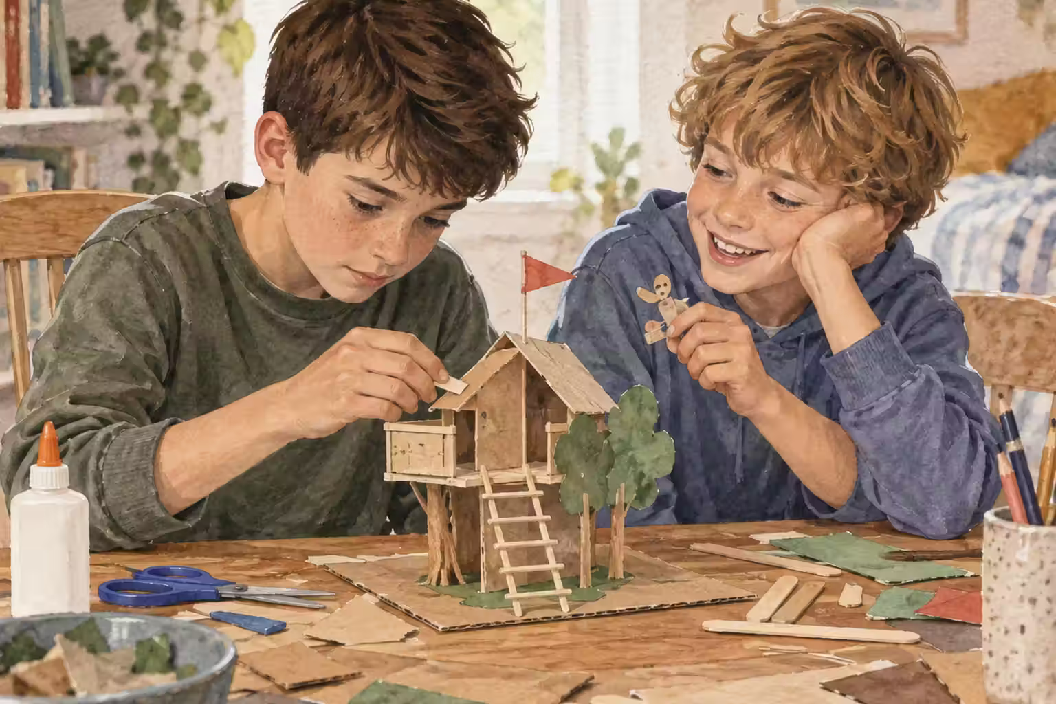 Two brothers building a small model together at a craft table