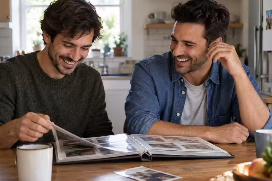 Two adult brothers smiling as they look through a family photo album together