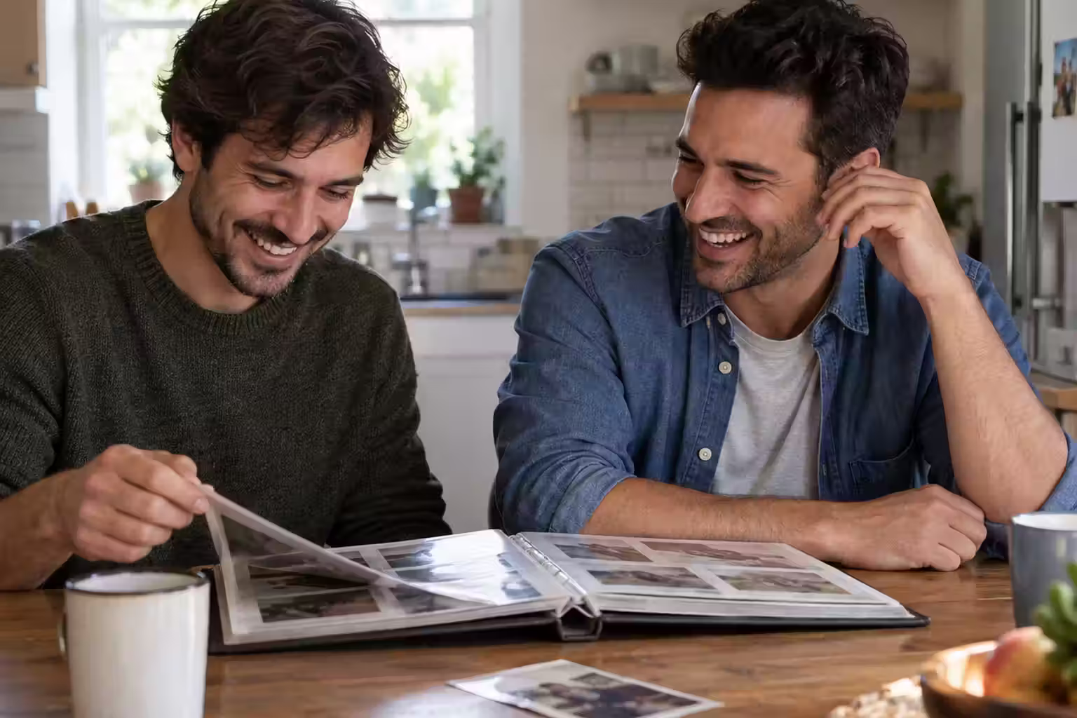 Two adult brothers smiling as they look through a family photo album together