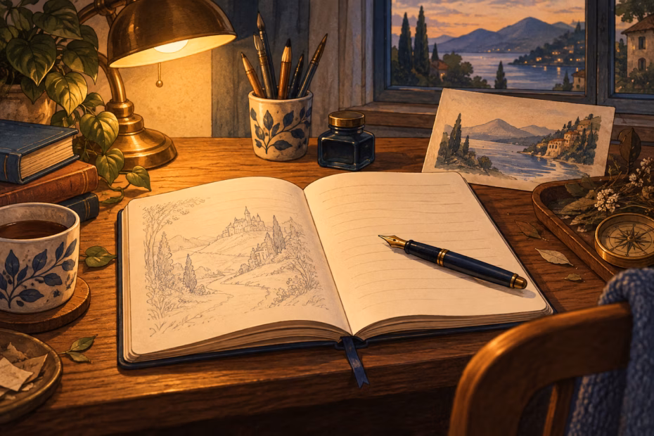 Original warm writing desk with a story notebook and a sketched landscape