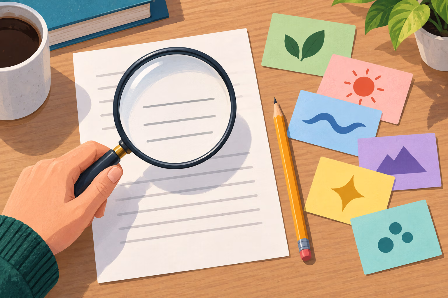 Magnifying glass over a story page with abstract color and sensory cards