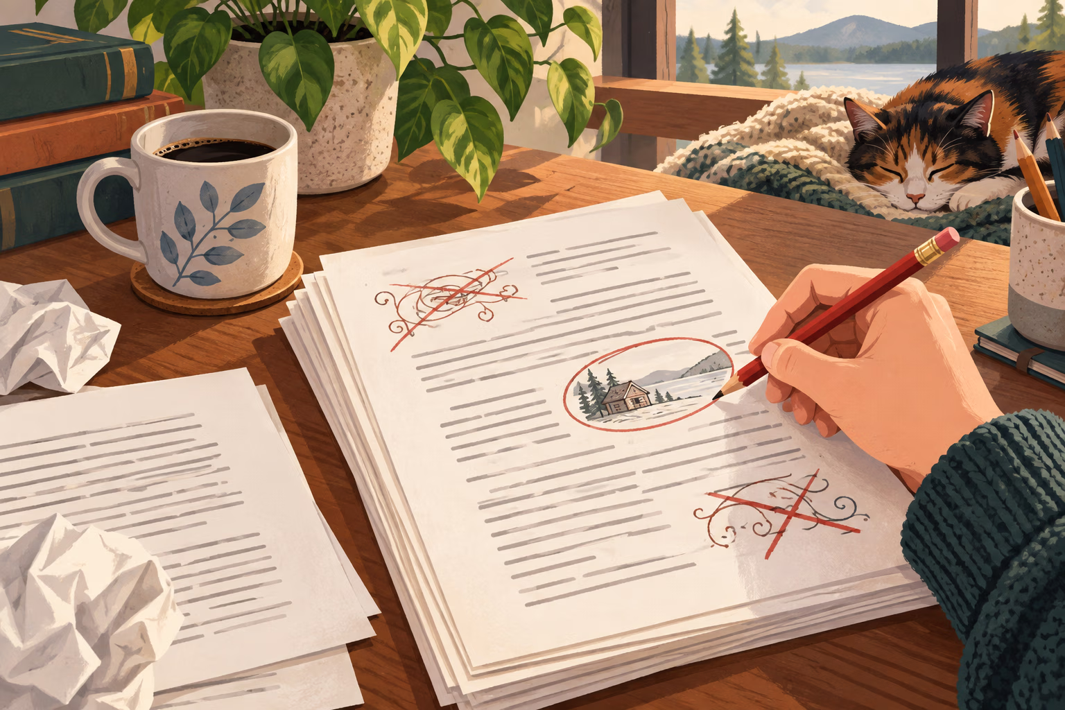 Writer revising a manuscript and keeping one circled concrete detail