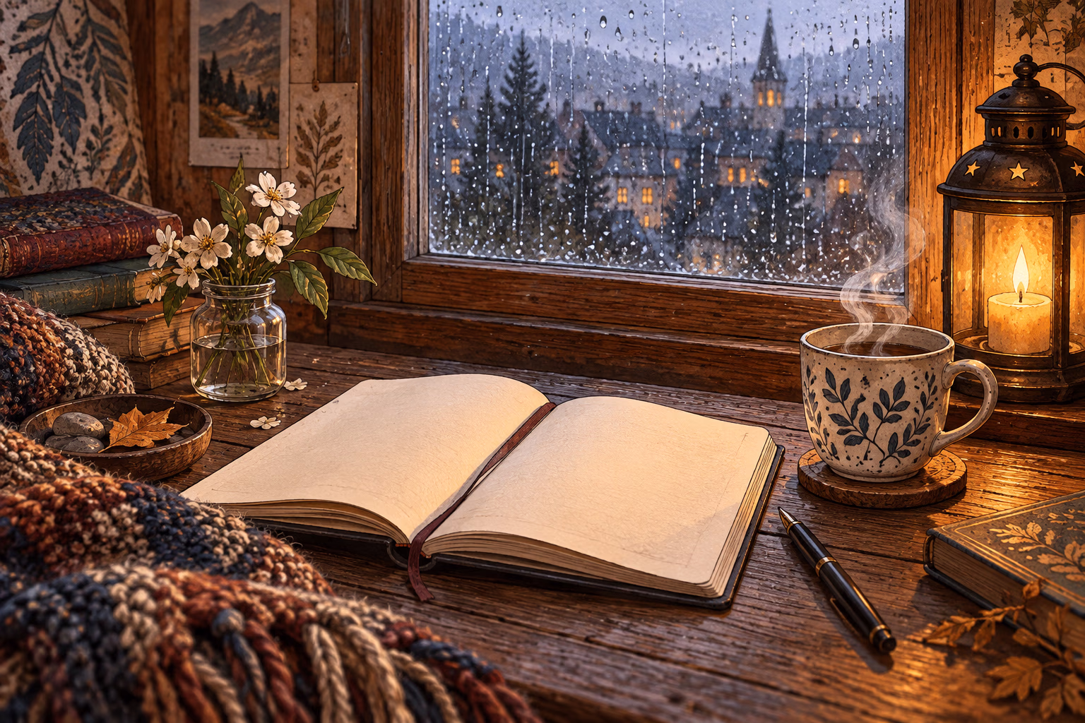 Open notebook beside a rainy window with a steaming cup and sensory details