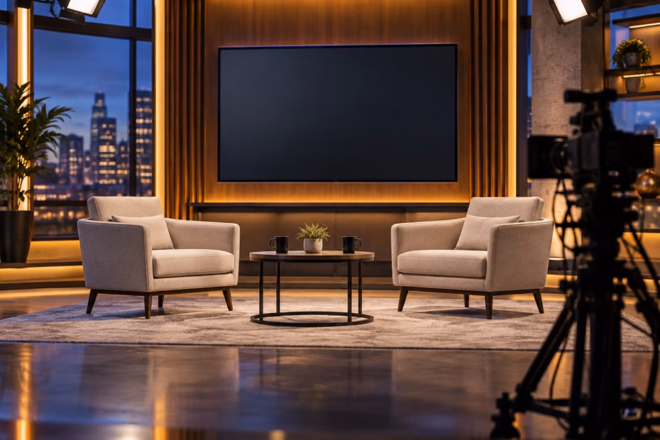 An empty television studio with two guest chairs, a blank screen, and a camera