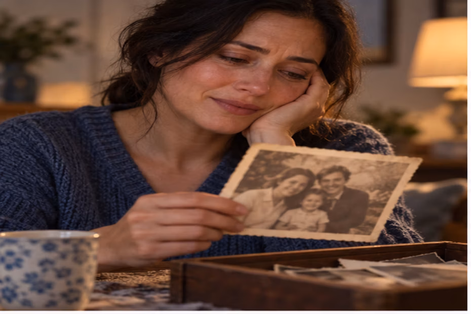 A woman studies an old family photograph with a tender, bittersweet expression.