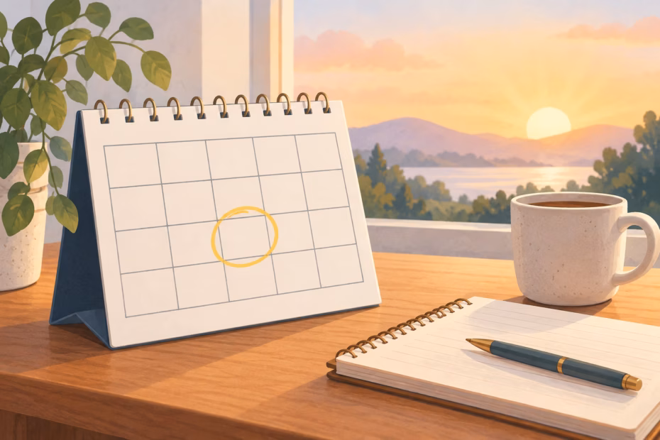 Blank weekly calendar, notebook, and mug in gentle morning light