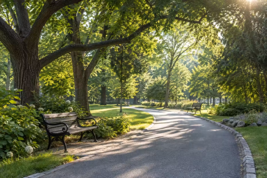 A quiet, tree-lined park path curving past a shaded bench in morning light