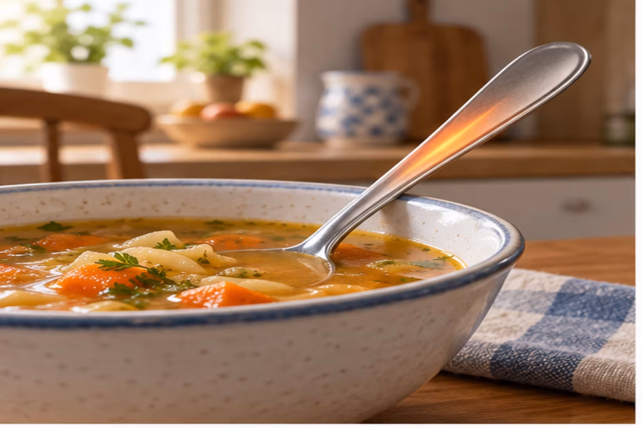 A metal spoon rests in hot soup as heat travels through the handle.