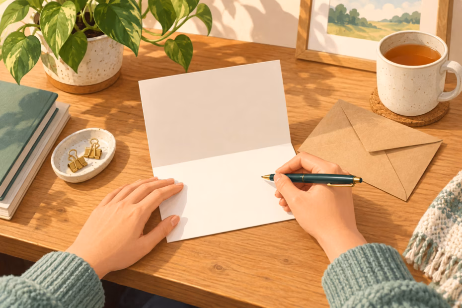 Hands writing a blank thank-you card on a warm desk
