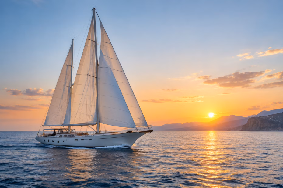 A sailing ship crossing calm water at sunset