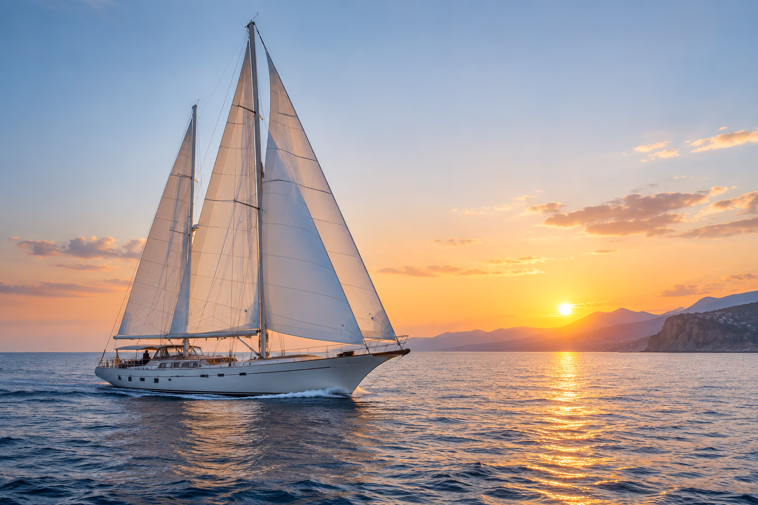 A sailing ship crossing calm water at sunset