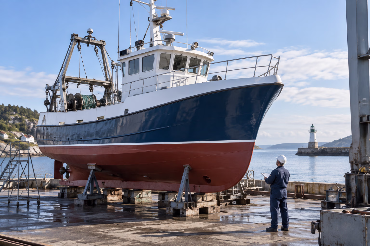 A working vessel being inspected on a harbor dock
