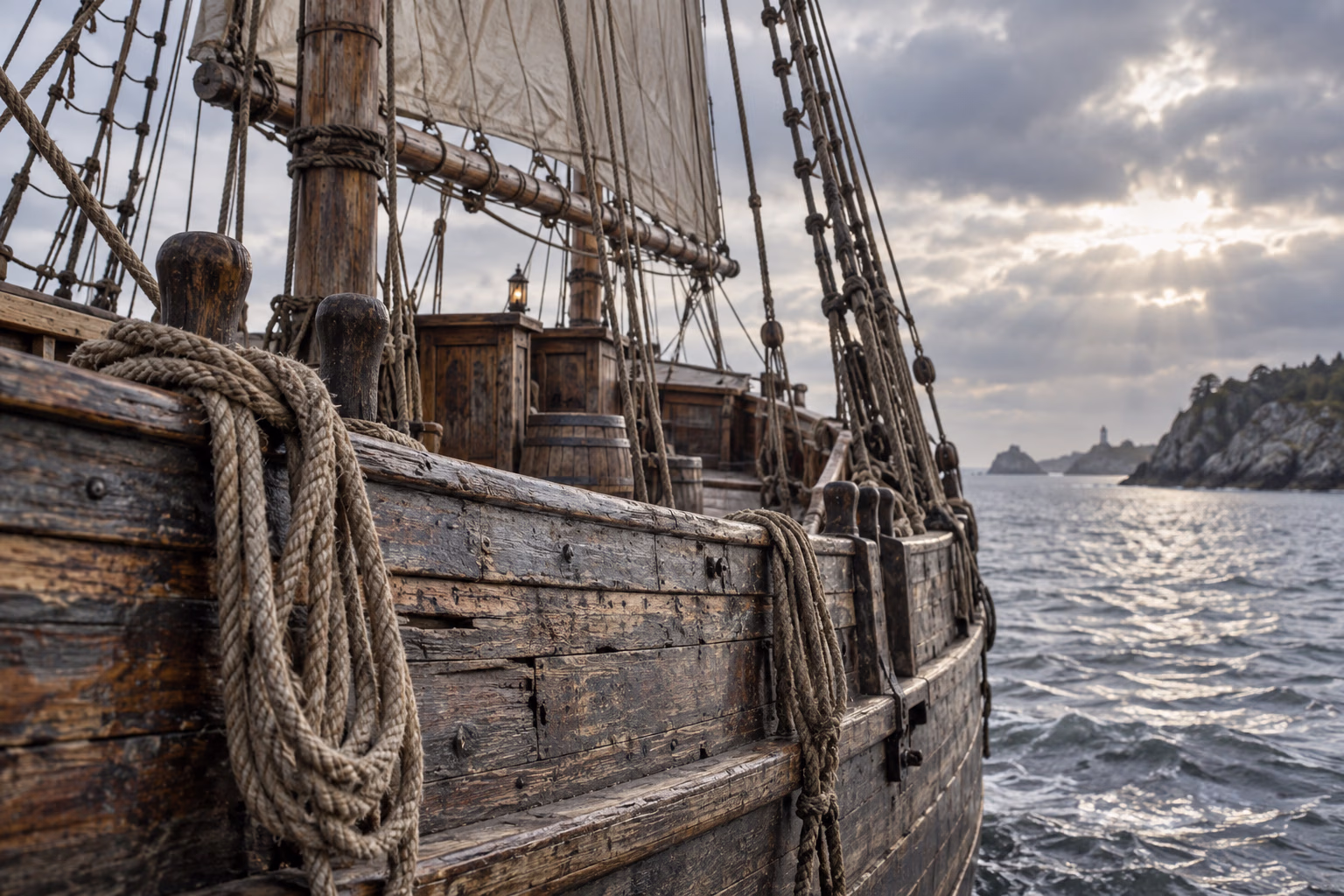 Worn wooden planks and ropes on an old sailing vessel
