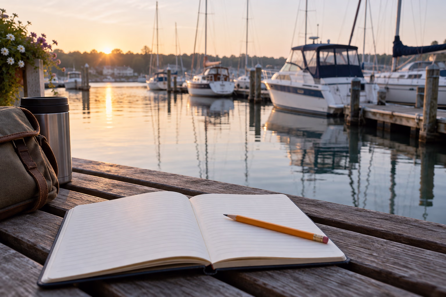 A notebook and pencil overlooking boats at a marina