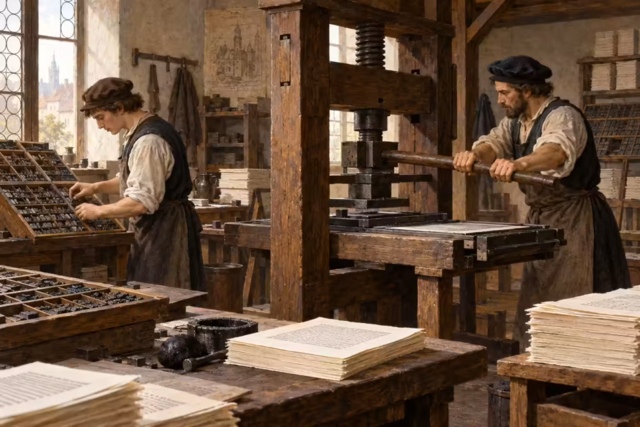 Historically inspired illustration of a sixteenth-century printing workshop with a wooden press and printers