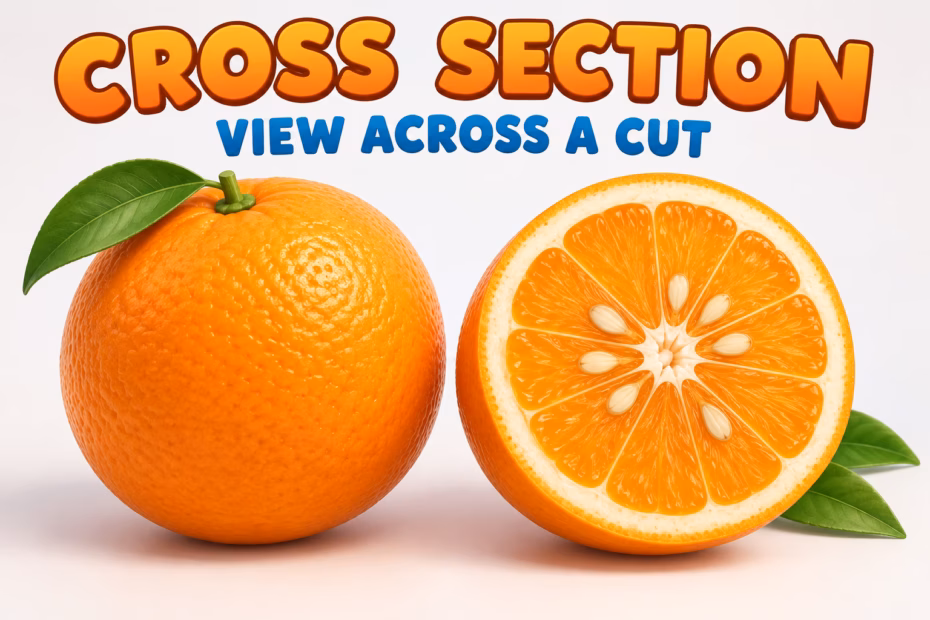 Cross section through an orange showing its interior, with the label “CROSS SECTION — VIEW ACROSS A CUT.”