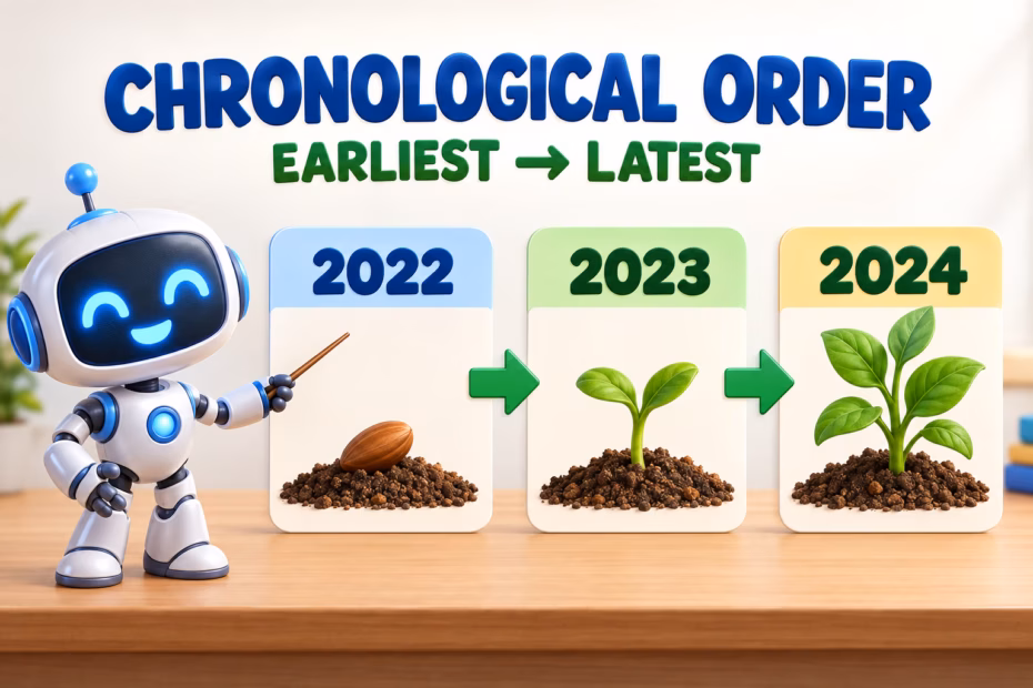 3D cartoon timeline showing chronological order from earliest to latest across 2022, 2023, and 2024