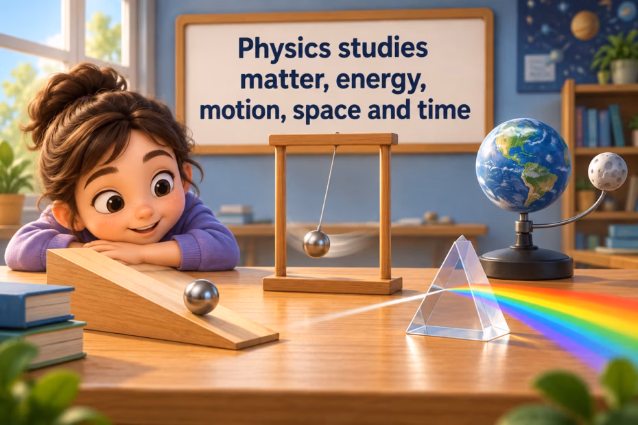 Student exploring physics with a rolling ball, pendulum, prism, and planet model