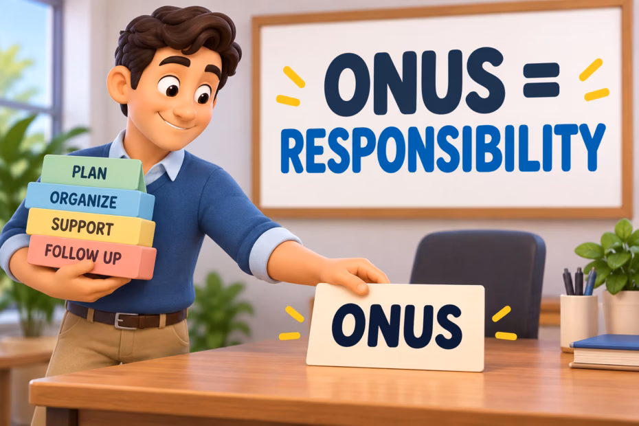 A 3D cartoon person presents an ONUS card beside “ONUS = RESPONSIBILITY,” illustrating an assigned duty.