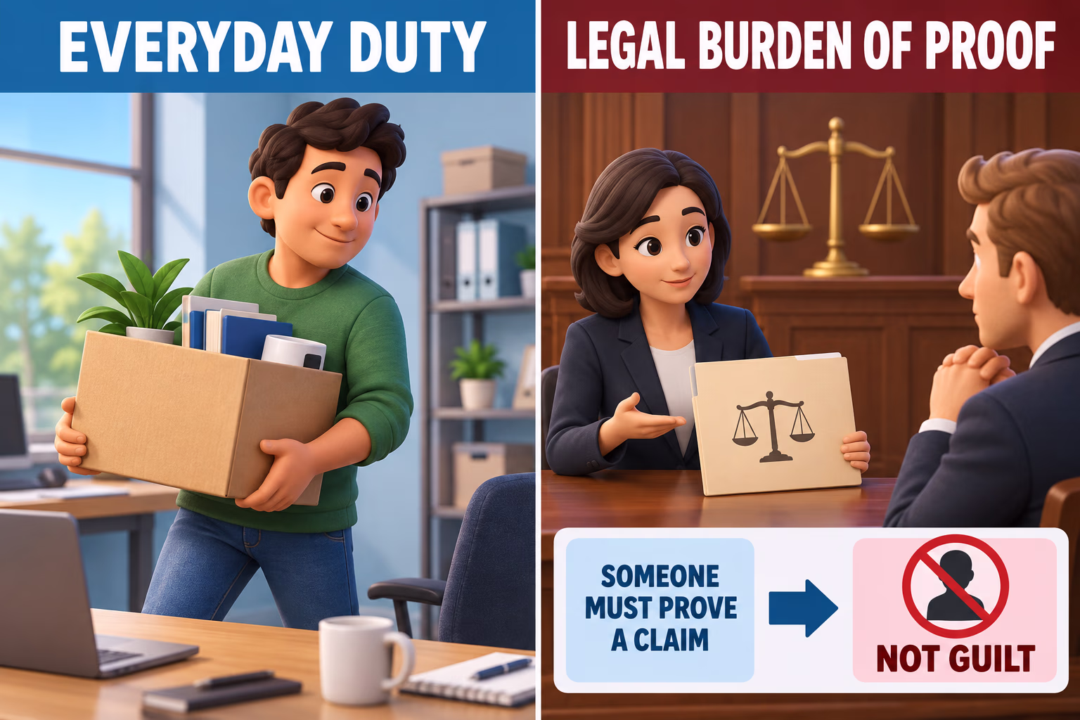 A split illustration contrasts an everyday duty with a legal burden of proof and shows that a claim must be proved.