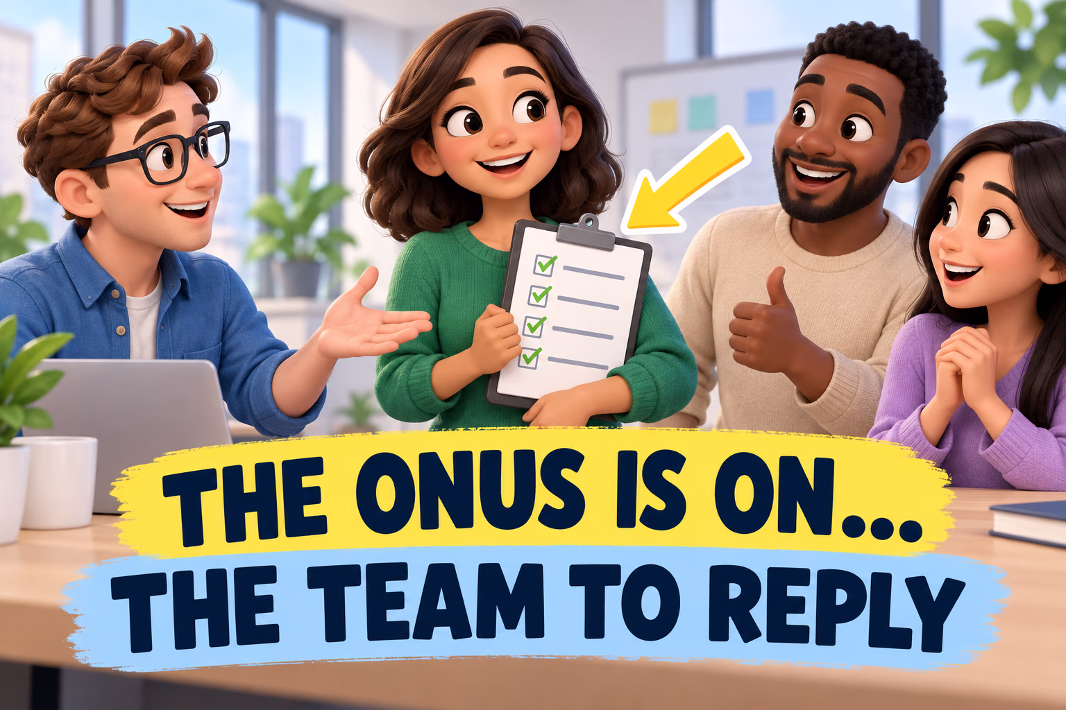 Four teammates pass a checklist beneath “The onus is on the team to reply,” showing who has a routine task.
