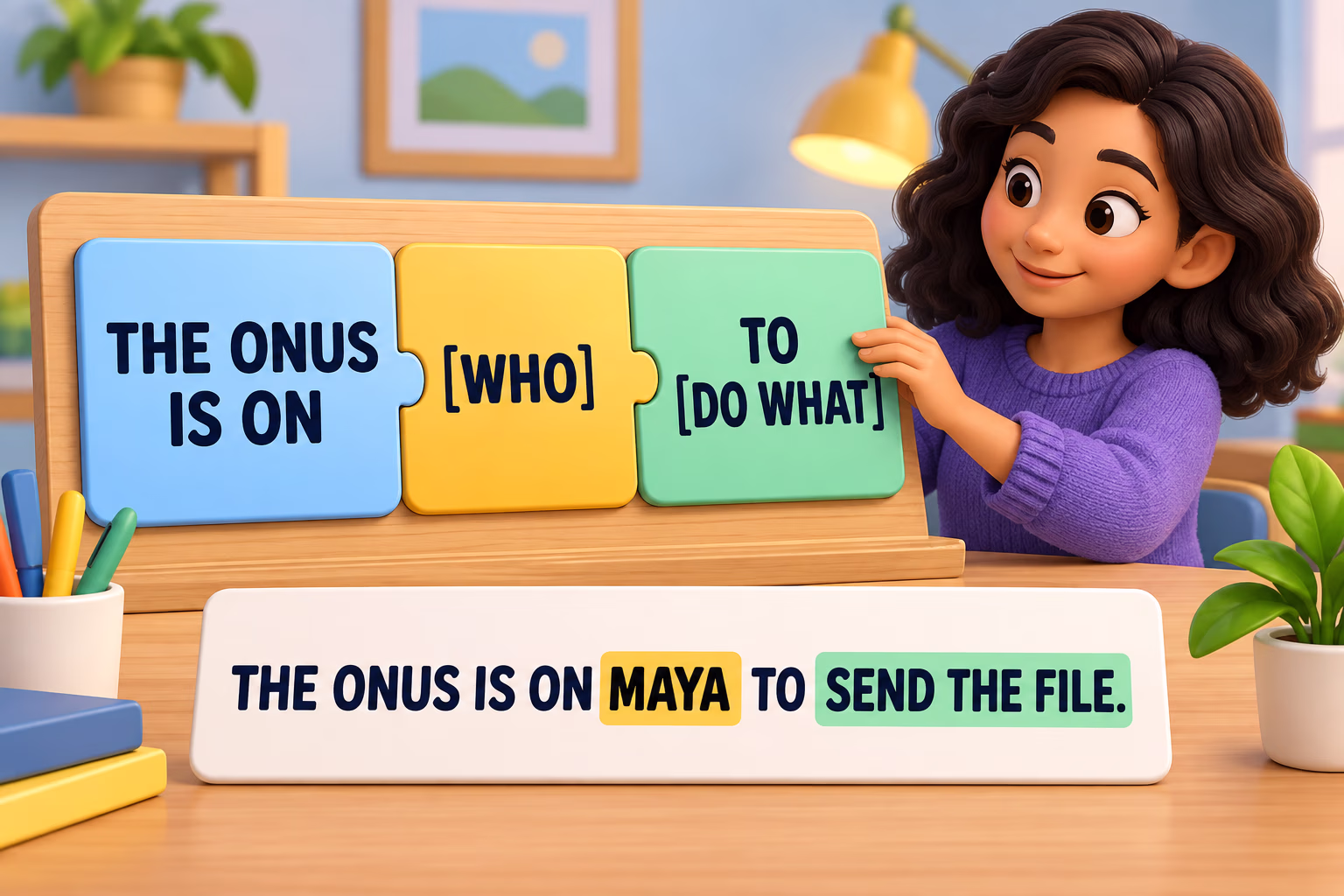 A sentence formula reads “The onus is on [who] to [do what]” with the example “The onus is on Maya to send the file.”