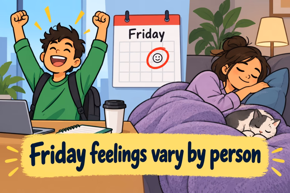 Cartoon shows one person cheering at a Friday calendar while another rests, illustrating that Friday feelings differ by person.