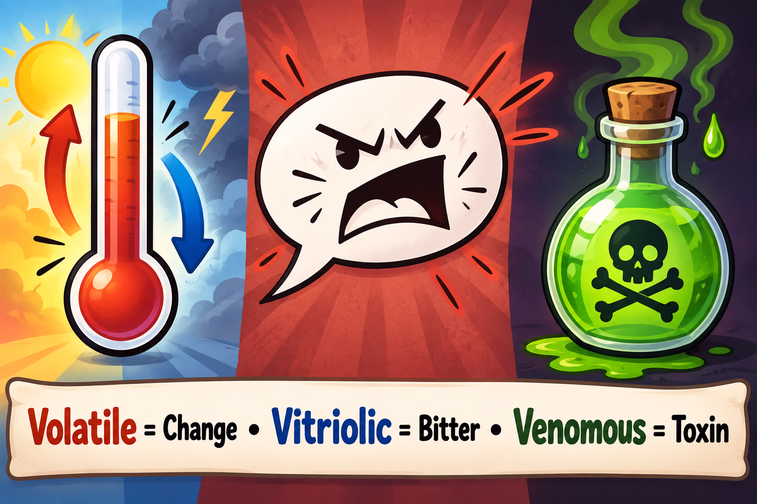 Volatile vs. vitriolic vs. venomous