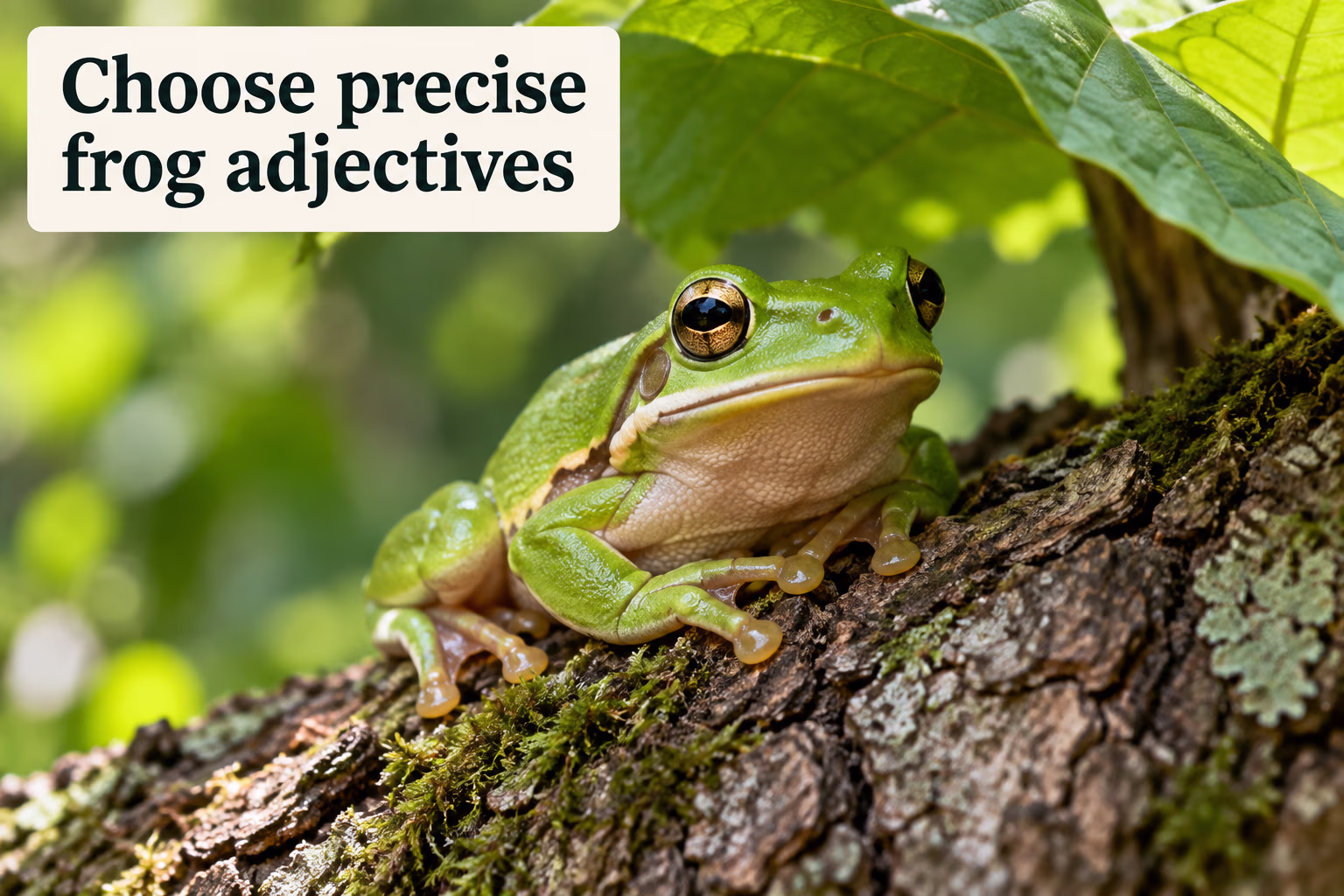 Tree frog on bark; choose precise frog adjectives