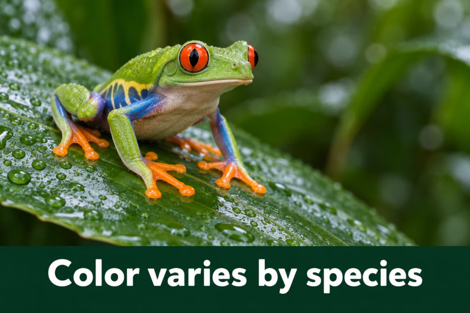 Adjectives for frogs: green tree frog on a leaf; color varies by species