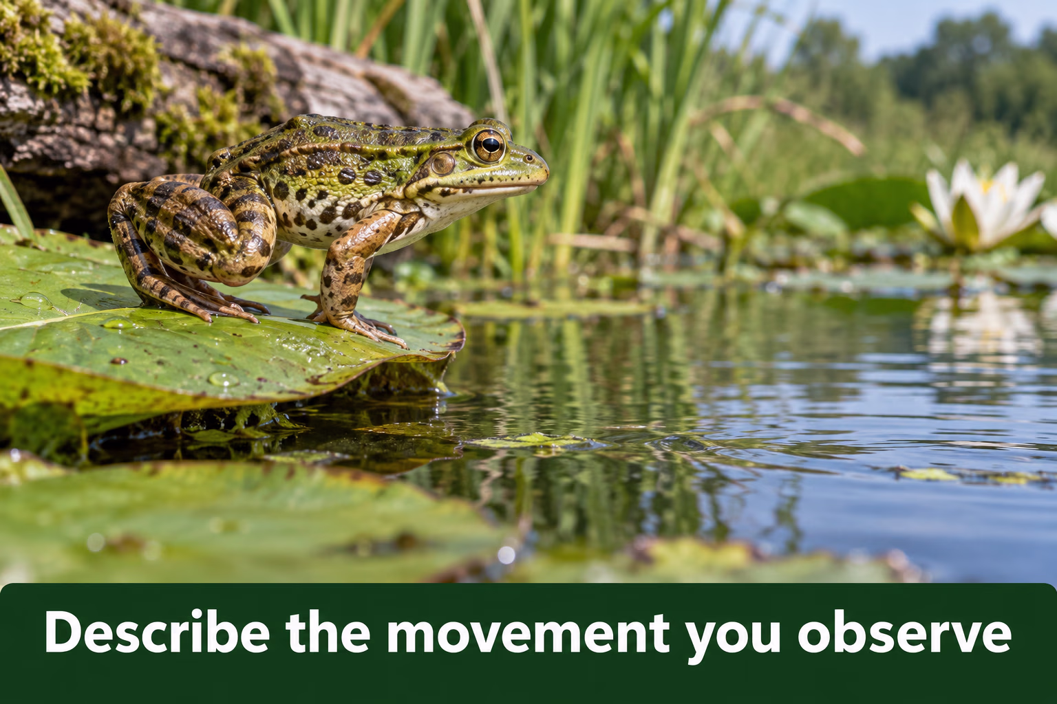 Frog poised to leap at a pond edge; describe observed movement