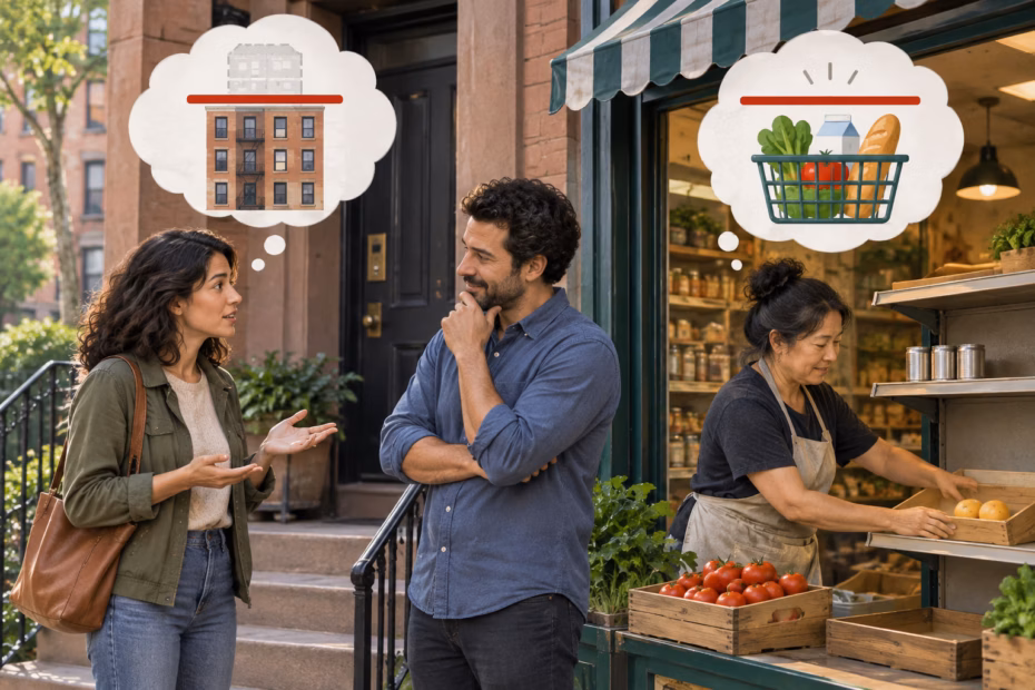Illustration of a renter and shopkeeper considering capped rent and grocery prices